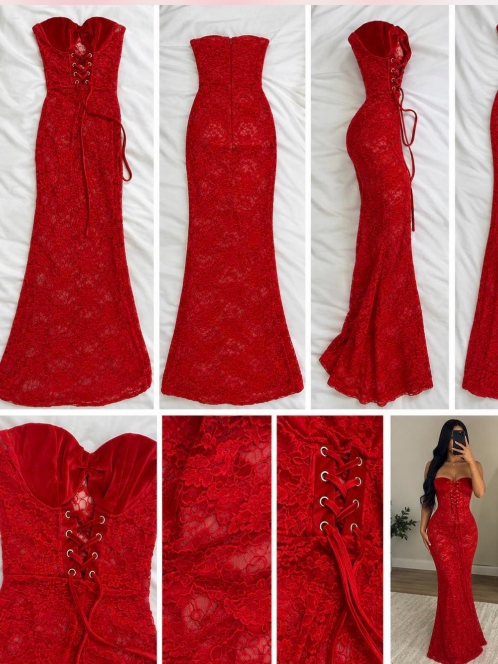 Elegant Red Lace Strapless Mermaid Gown
